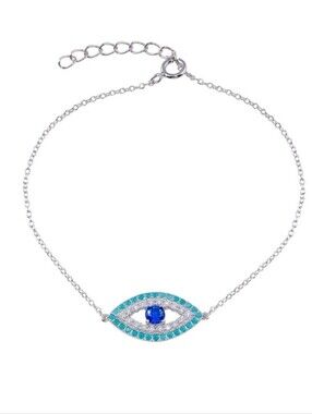 Sterling Silver 925 Rhodium Plated Turquoise, Blue And Clear Evil Eye Bracelet